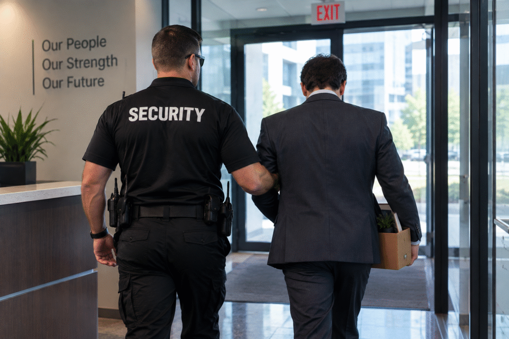 Security officer escorting a terminated employee carrying a box to the exit