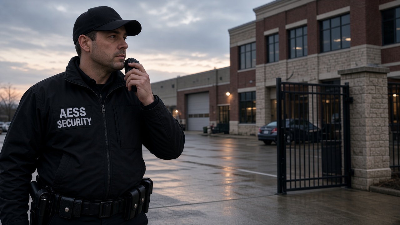 Security Guards in Indianapolis: armed AESS officer with radio outside a commercial site