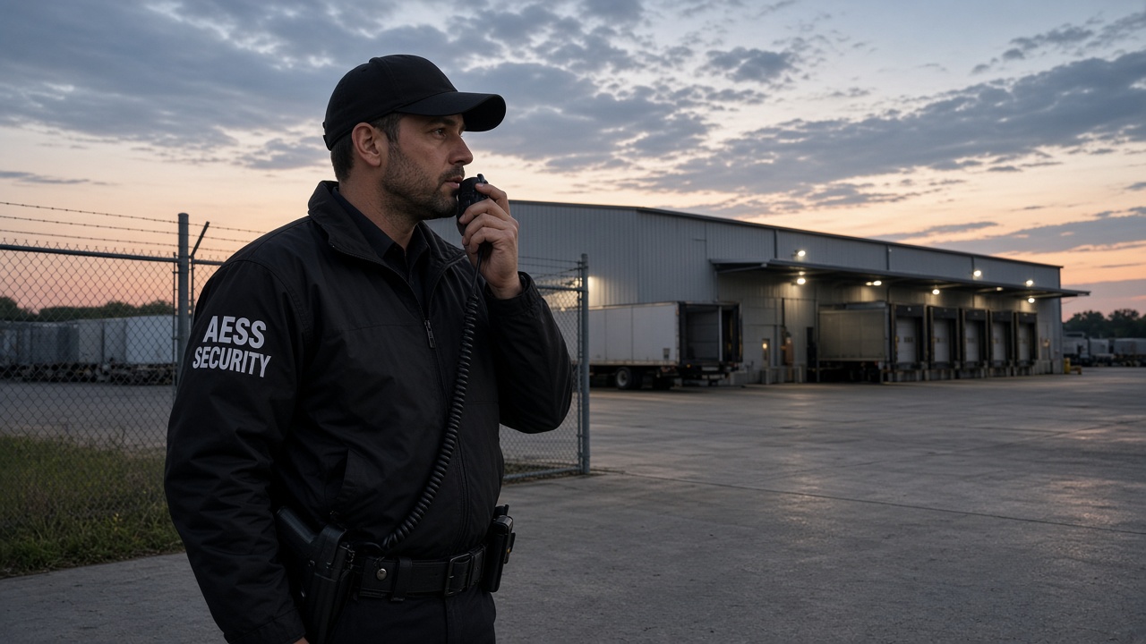 Security Guards in Fort Wayne: armed AESS officer with radio outside a distribution warehouse