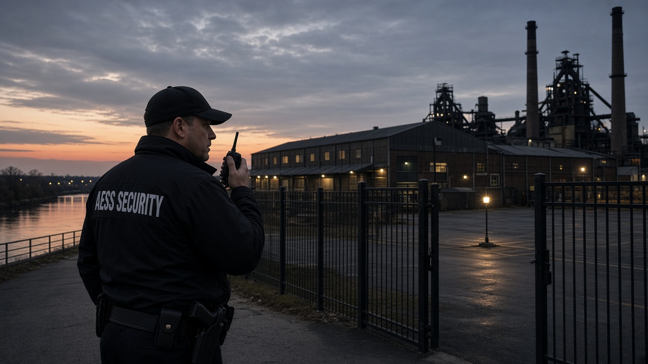 Security Guards in Green Bay: armed AESS officer with radio outside a gated industrial site