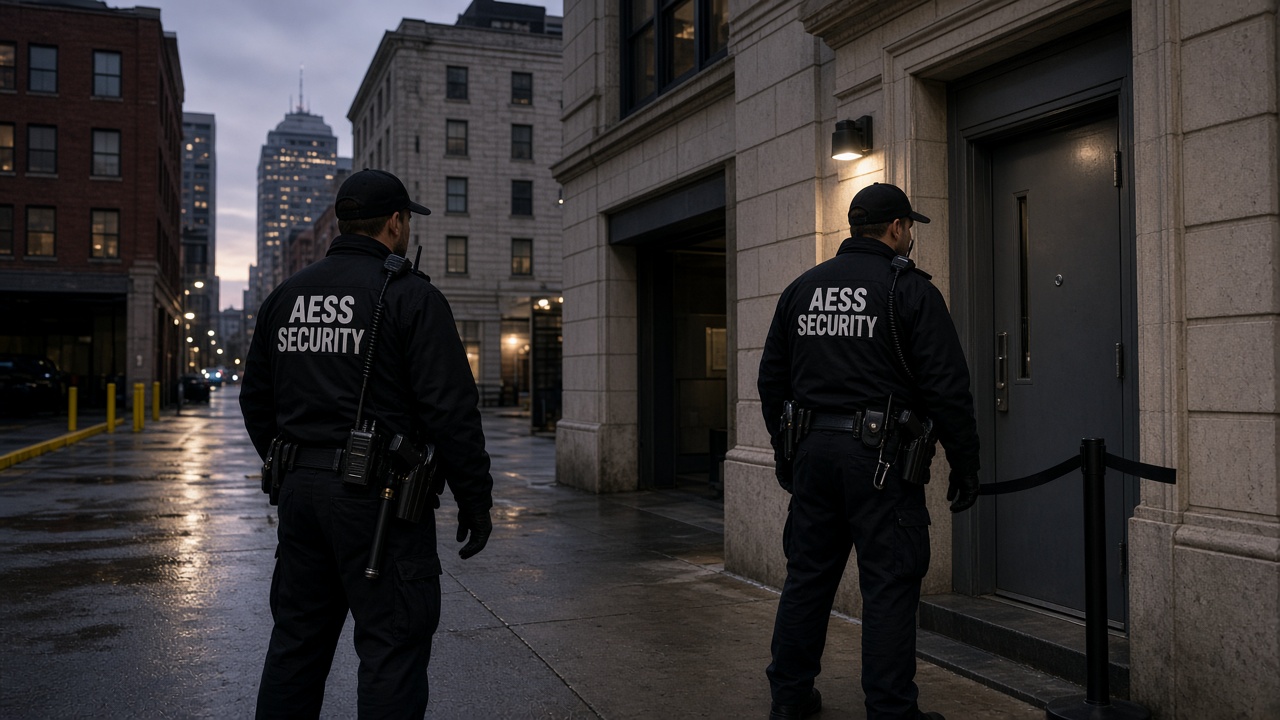 Security Guards in Indianapolis: two armed AESS officers guarding a high-risk post at dusk