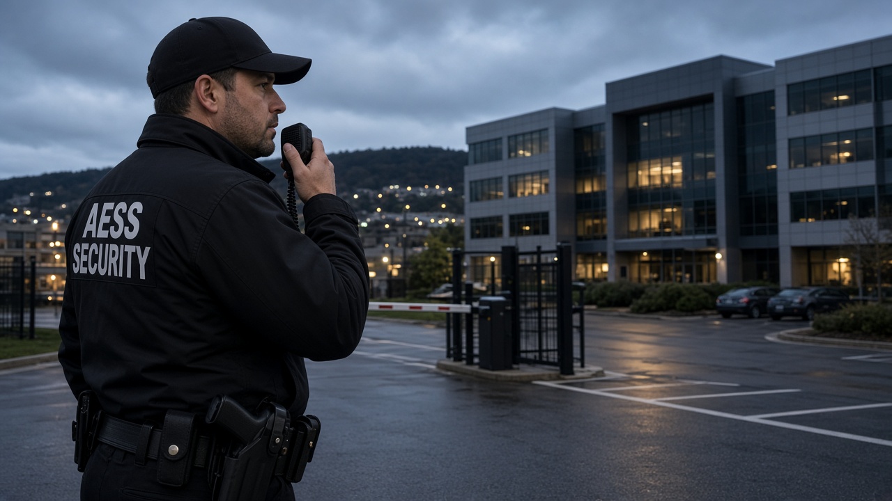 Security Guards in Madison: armed AESS officer with radio outside a commercial site