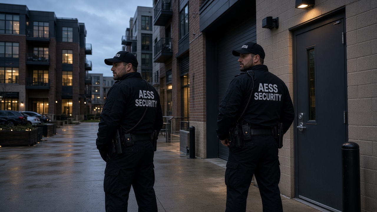 Security Guards in Madison: two armed AESS officers guarding a high-risk post at dusk