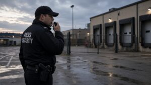 Security Guards in Milwaukee: armed AESS officer with radio outside a commercial site