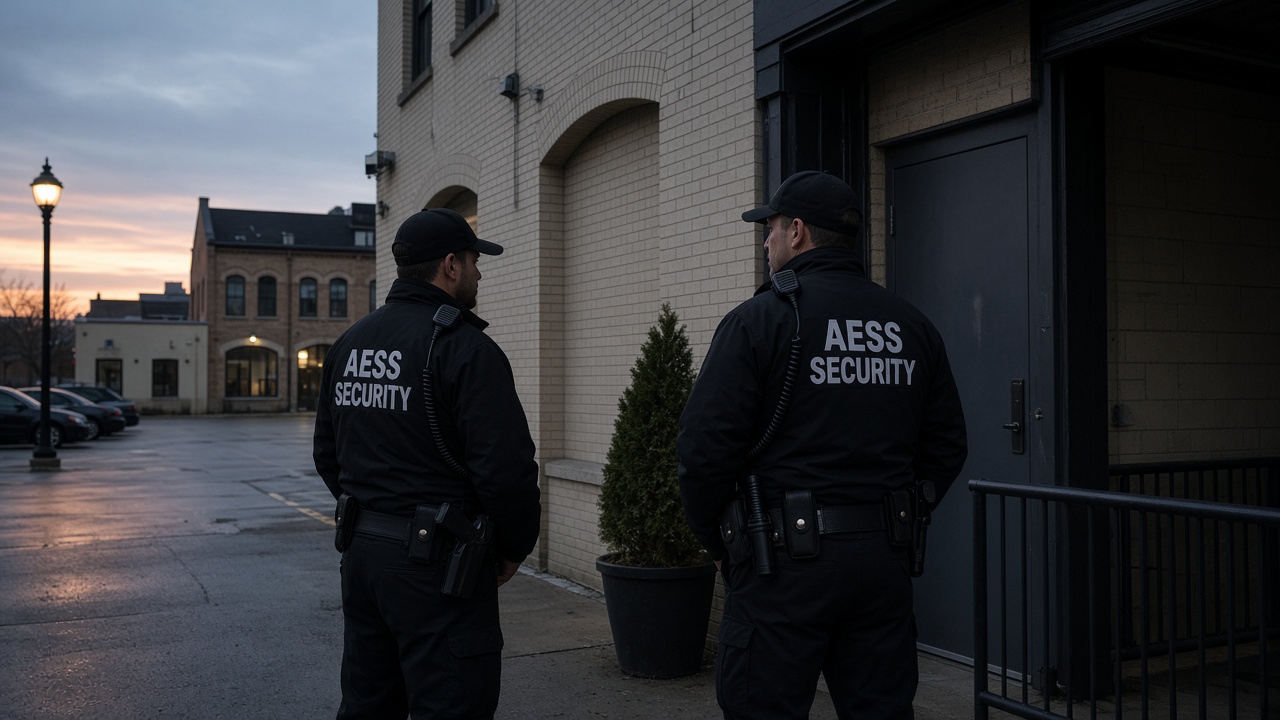 Security Guards in Milwaukee: two armed AESS officers guarding a high-risk post at dusk