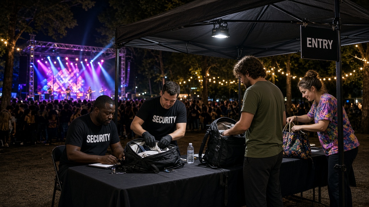 Event security staff screening guests at a festival entry