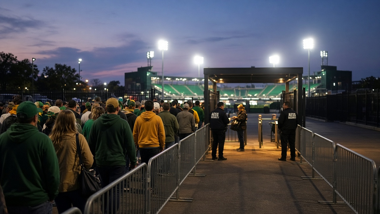 Security Guards in Green Bay: AESS event security checking fans at a stadium gate on game day