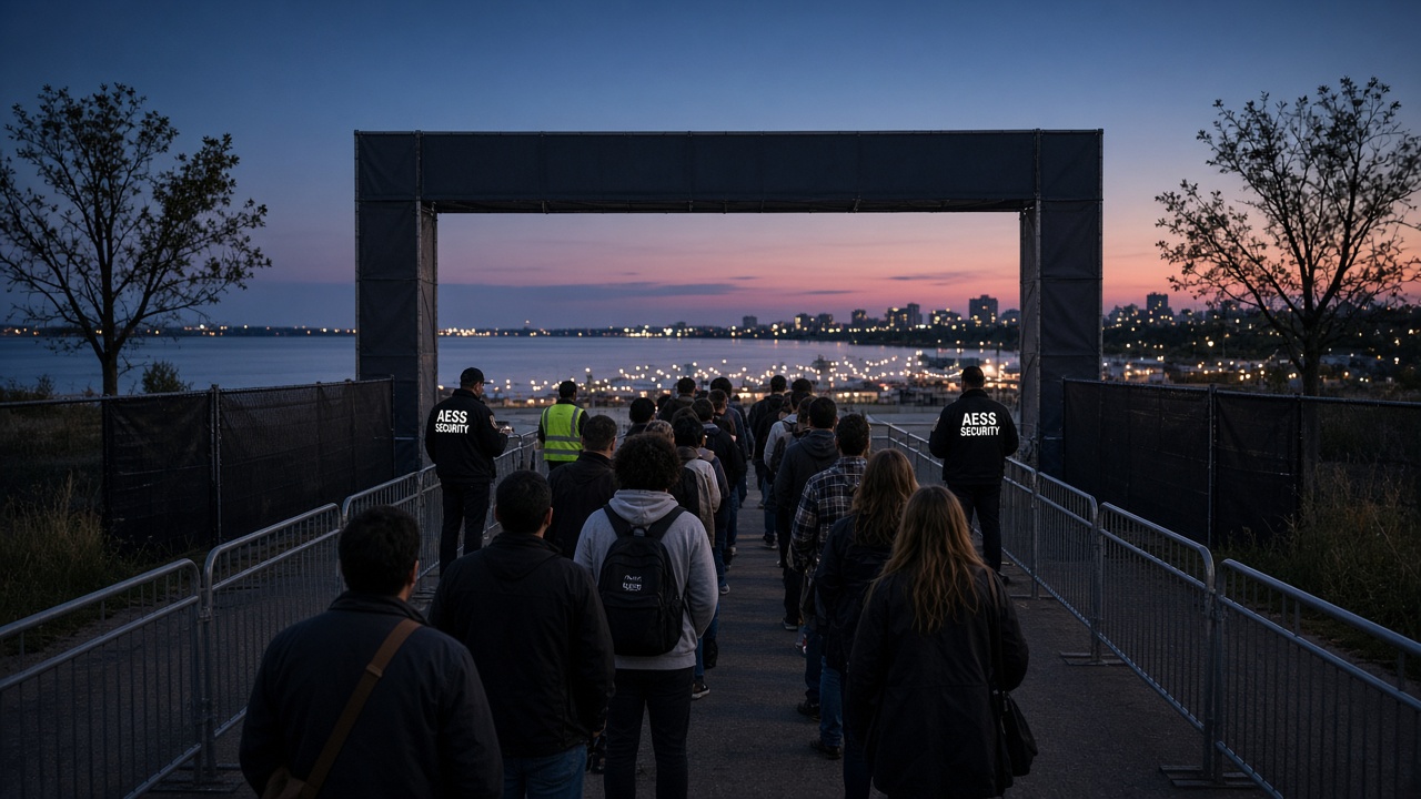 Security Guards in Milwaukee: AESS event security officers checking entry at a lakefront festival gate at dusk