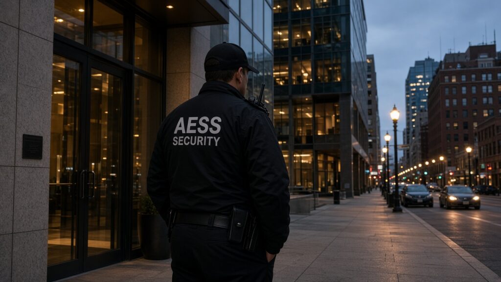 AESS security guard standing watch outside a downtown Indianapolis office building at dusk