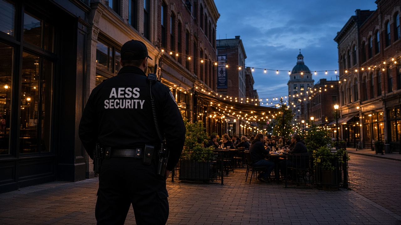 Security Guards in Fort Wayne: AESS officer on watch on a downtown restaurant street at dusk