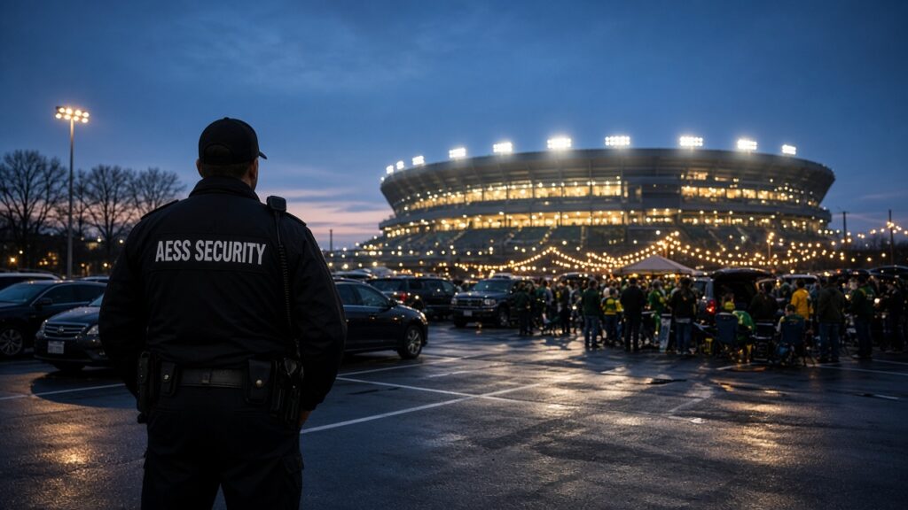 Security Guards in Green Bay: AESS officer on watch in a stadium-area parking lot at dusk on game day