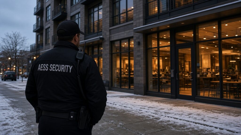 Security Guards in Madison: AESS officer on watch outside a downtown retail and apartment building at dusk