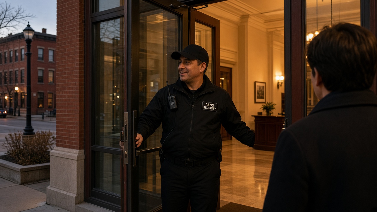 Security Guards in Fort Wayne: AESS officer welcoming visitors at a downtown building entrance