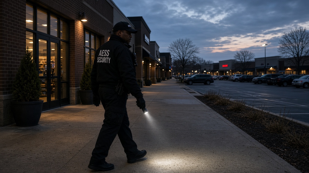 Security Guards in Fort Wayne: unarmed AESS officer patrolling a shopping plaza