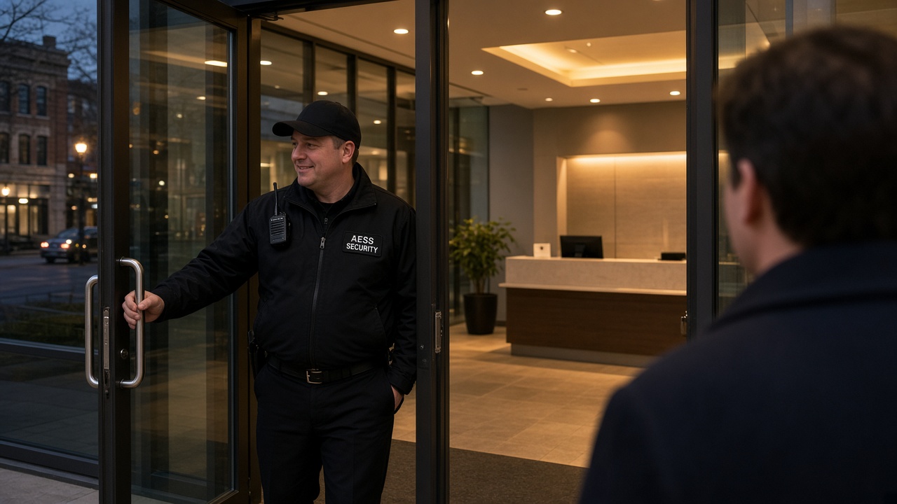 Security Guards in Green Bay: AESS officer welcoming visitors at a building lobby entrance
