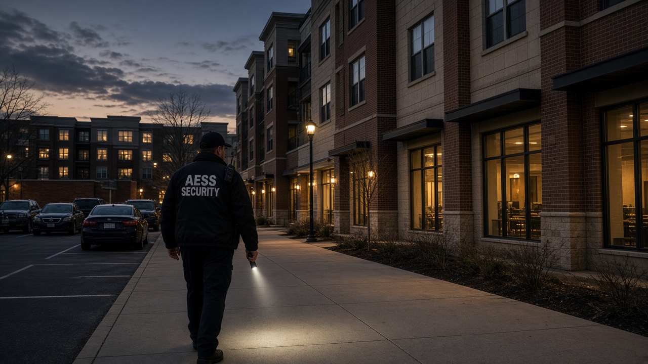 Security Guards in Indianapolis: unarmed AESS officer patrolling an apartment and retail property