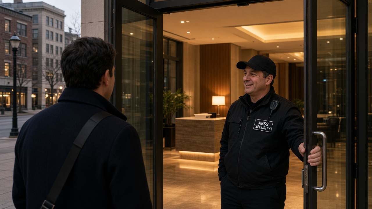 Security Guards in Indianapolis: AESS officer welcoming visitors at a building lobby entrance
