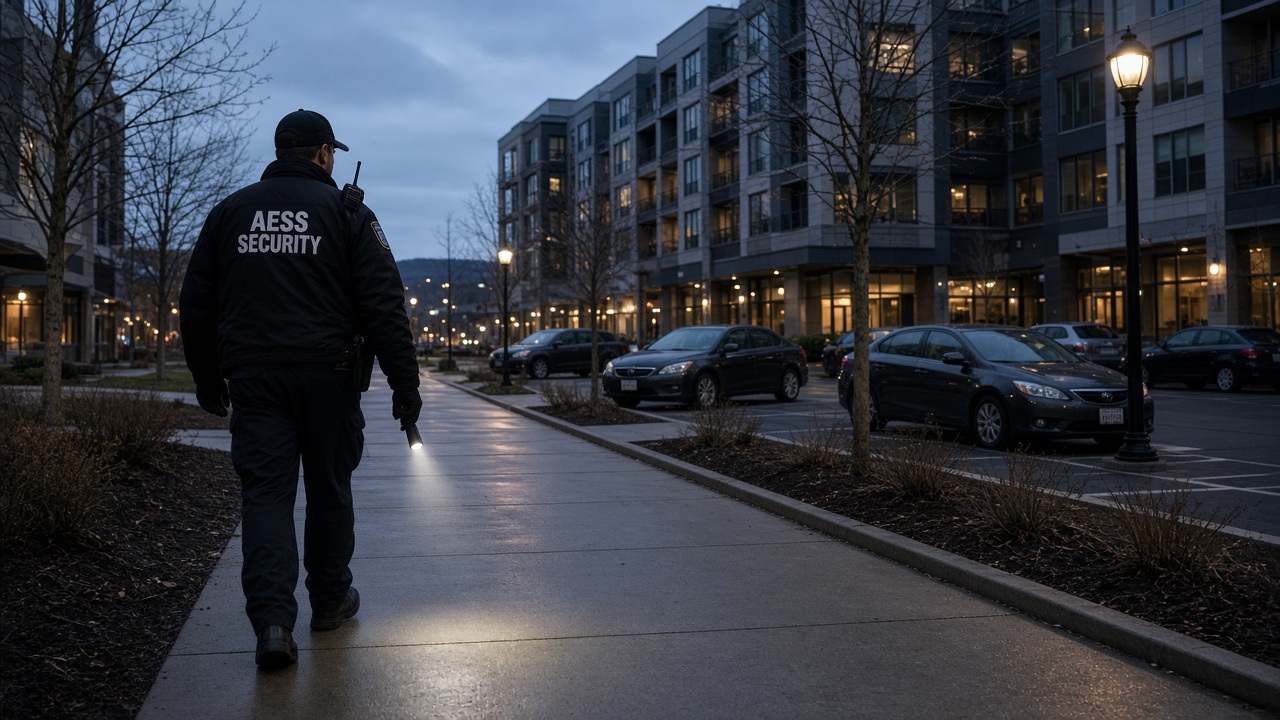 Security Guards in Madison: unarmed AESS officer patrolling an apartment and retail property