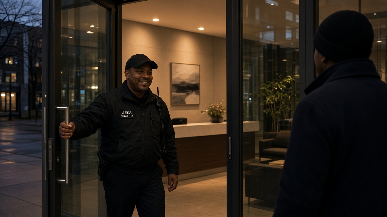 Security Guards in Madison: AESS officer welcoming visitors at a building lobby entrance
