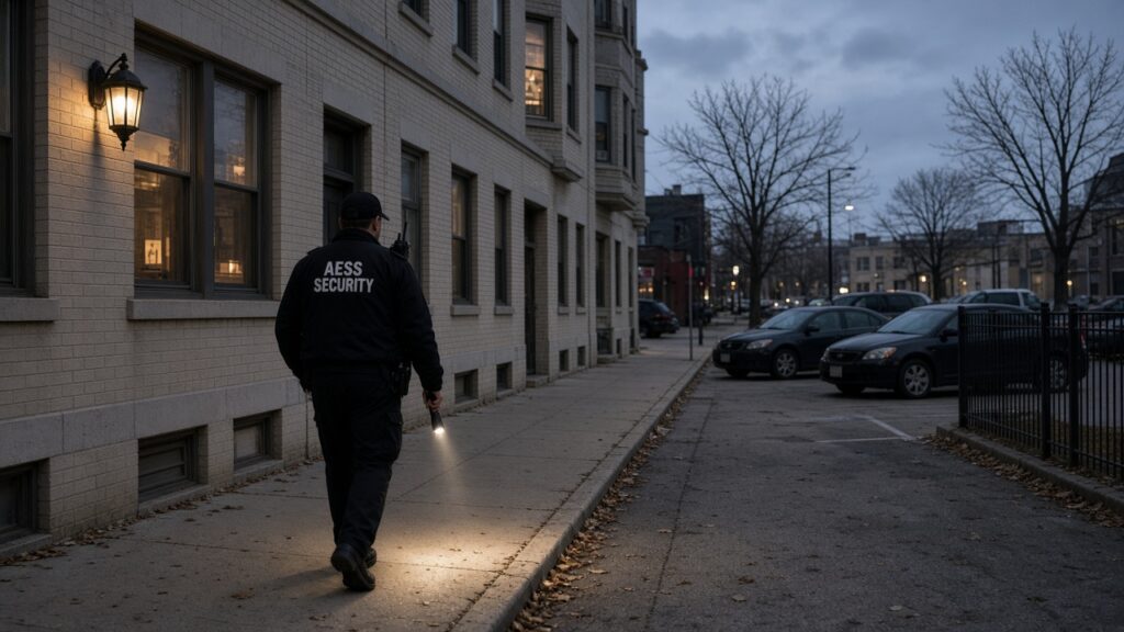 Security Guards in Milwaukee: unarmed AESS officer patrolling an apartment and retail property