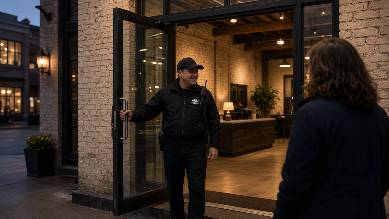 Security Guards in Milwaukee: AESS officer welcoming visitors at a building lobby entrance