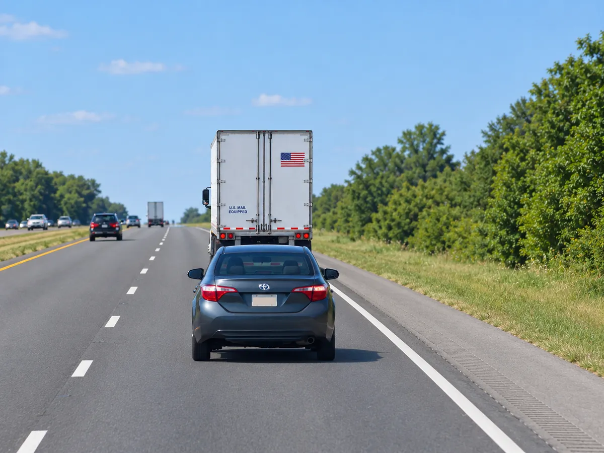 Unmarked escort vehicle following a tractor-trailer