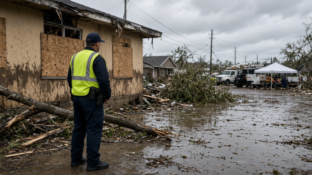 Security officer guarding a storm-damaged business, disaster security services by AESS