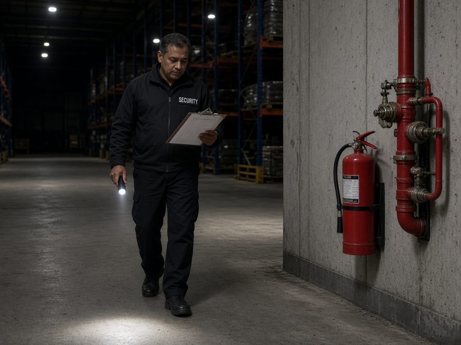 Unarmed fire watch guard doing rounds past a sprinkler riser and fire extinguisher in a warehouse