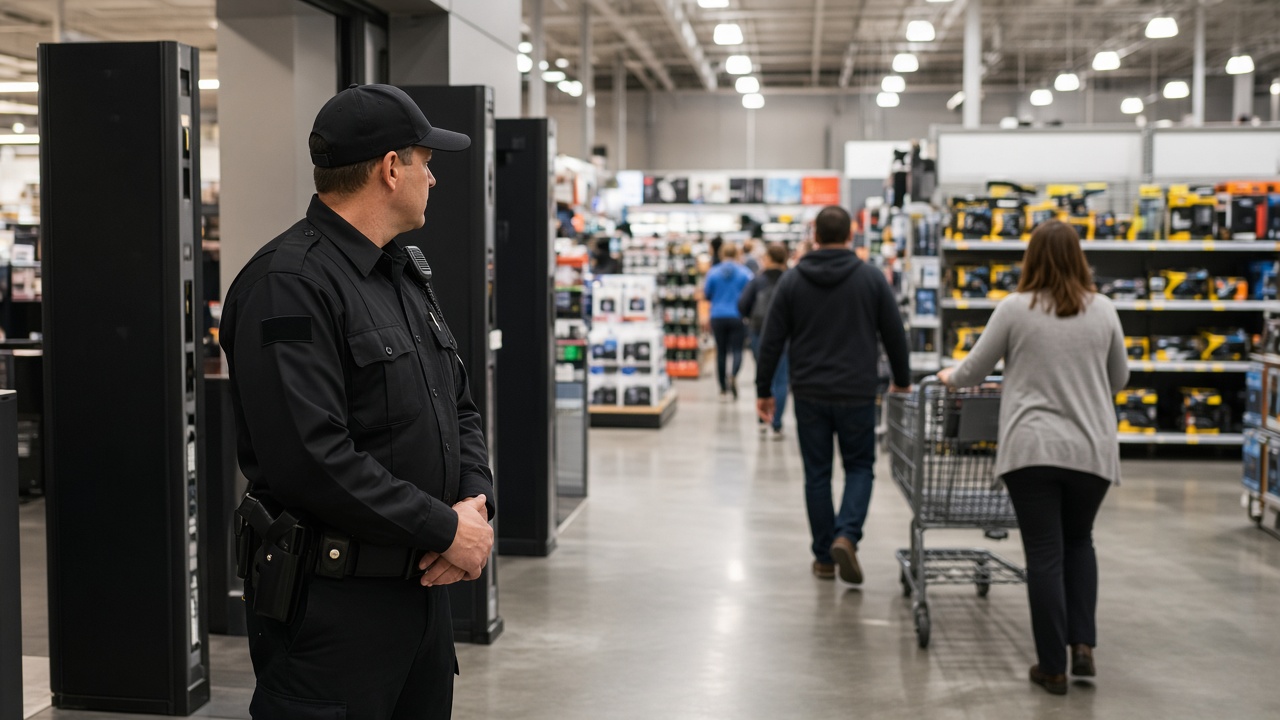 Security officer at a store entrance deterring theft under the Indiana organized retail theft law