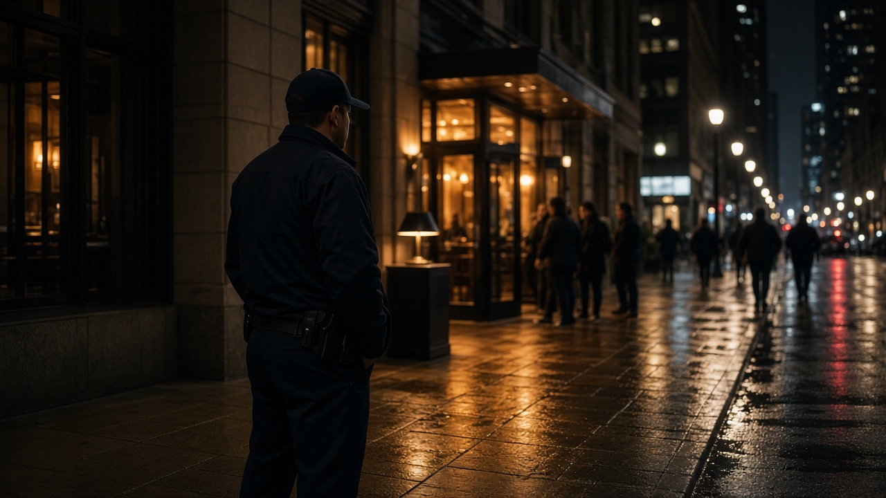 Security guards Indianapolis: uniformed officer outside a downtown hotel entrance at night