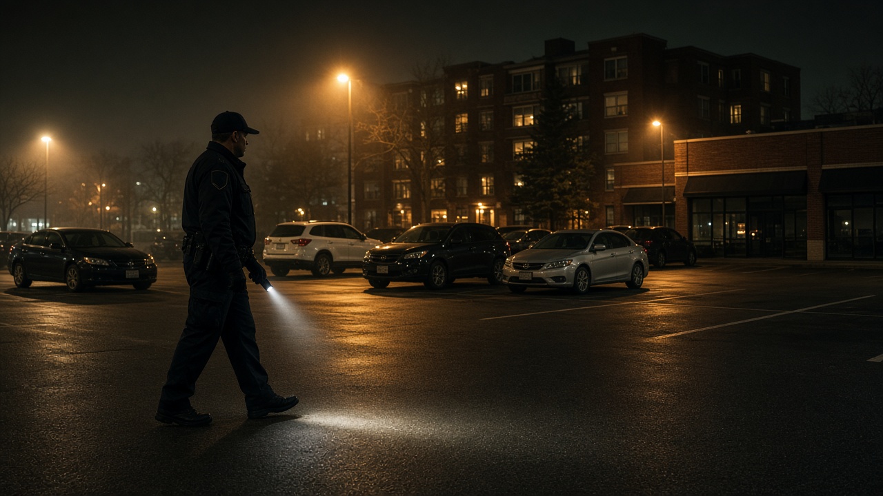 Security guards Milwaukee: uniformed officer patrolling an apartment parking lot at night
