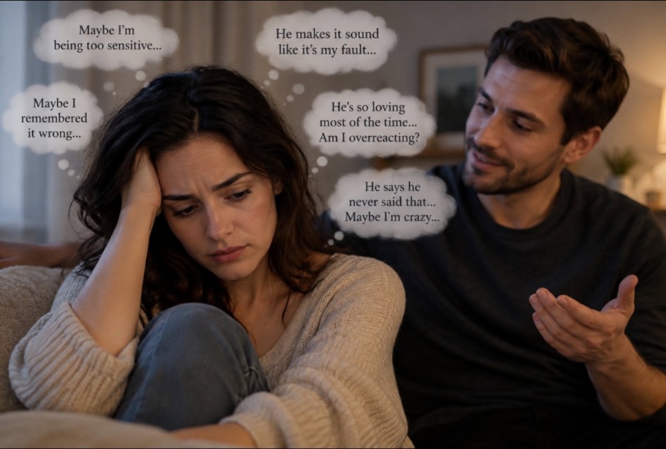 Woman doubting herself while her partner gaslights her - emotional abuse