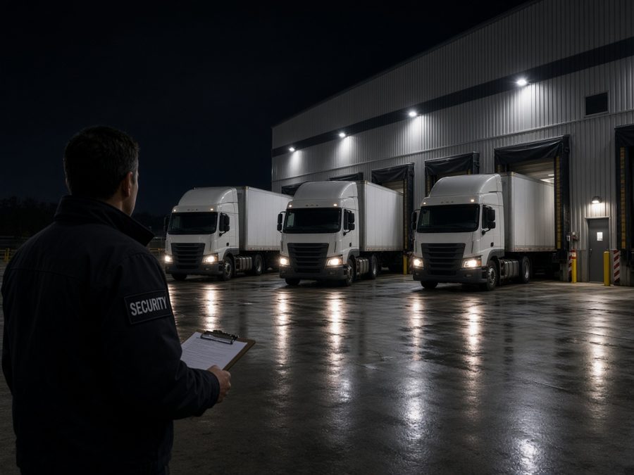 Security guard watching semi trucks at a warehouse loading dock at night